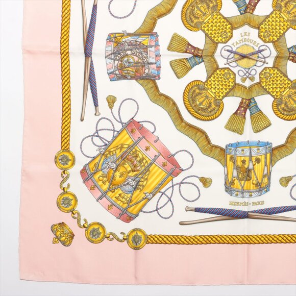 SOLD - Hermès Carré 90 LES TAMBOURS drumming Scarf Silk Pink - Picture 2 of 7